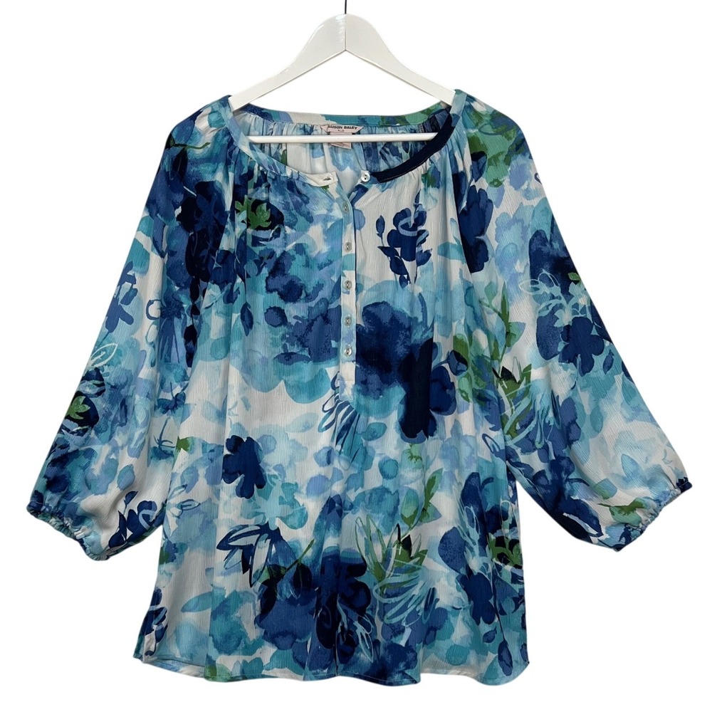 Allison Daley Blue Floral Blouse Women 1X 3/4 Sleeve Sheer Chiffon Top Coastal